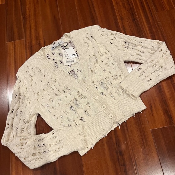 Zara Sweaters - ZARA Cardigan Sweater Knit Cream Beige Distressed Button Front Long Sleeve New S